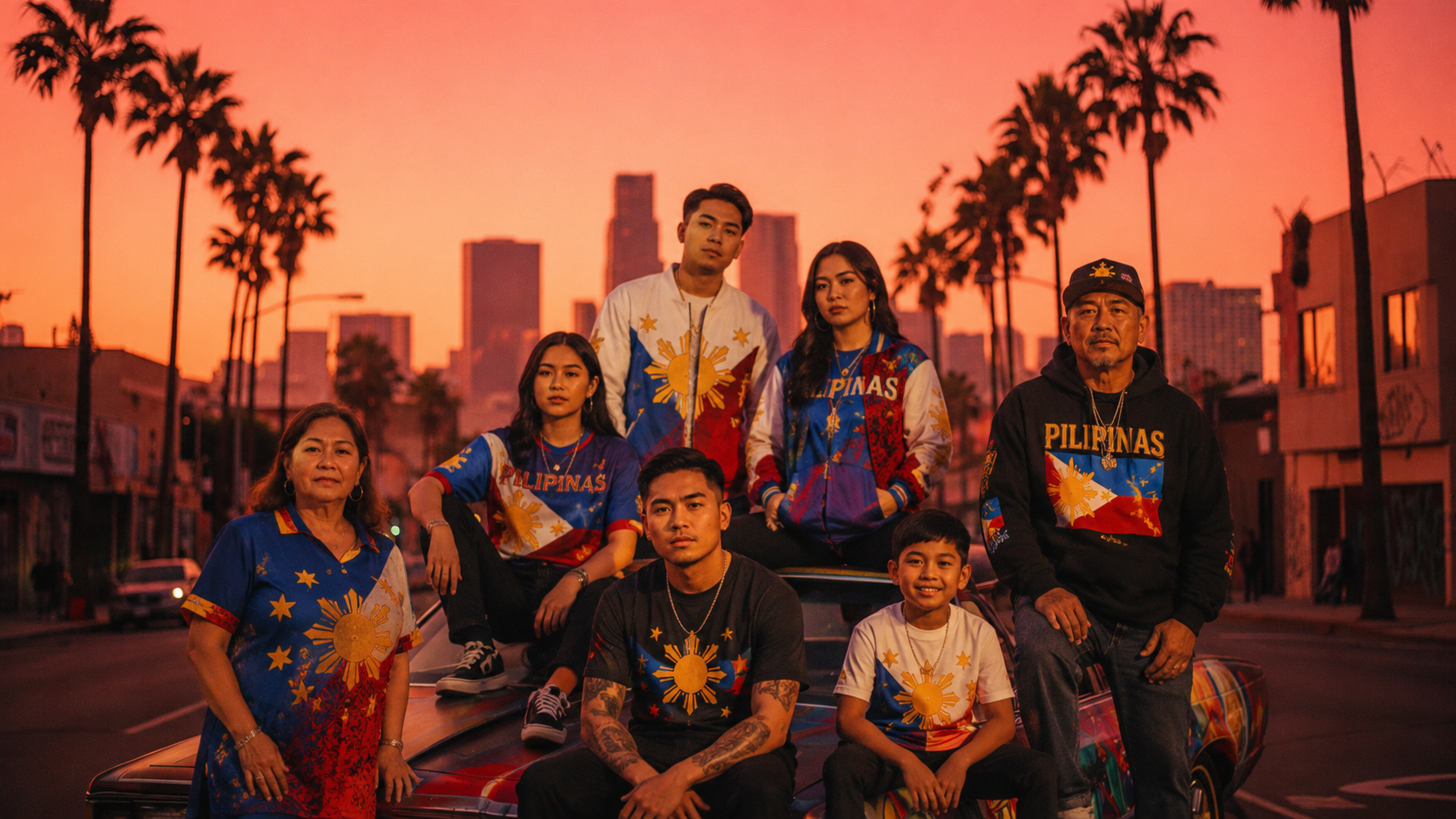 Filipino American crew in streetwear on a lowrider at sunset with the downtown Los Angeles skyline